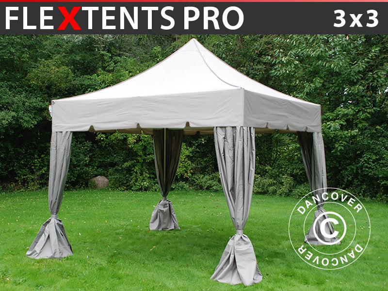 Snabbtält FleXtents PRO "Peaked" 3x3m Latte, inkl. 4 dekorativa gardiner