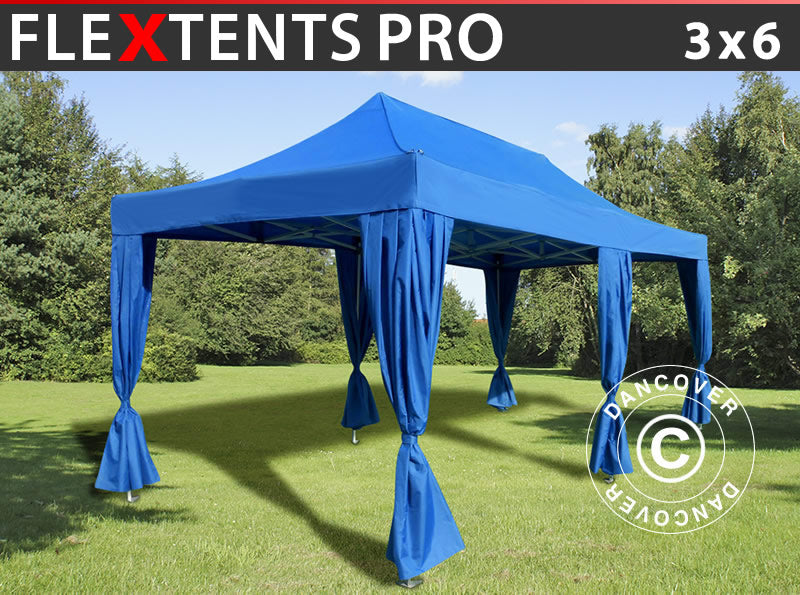 Snabbtält FleXtents PRO 3x6m Blå, inkl. 6 dekorativa gardiner