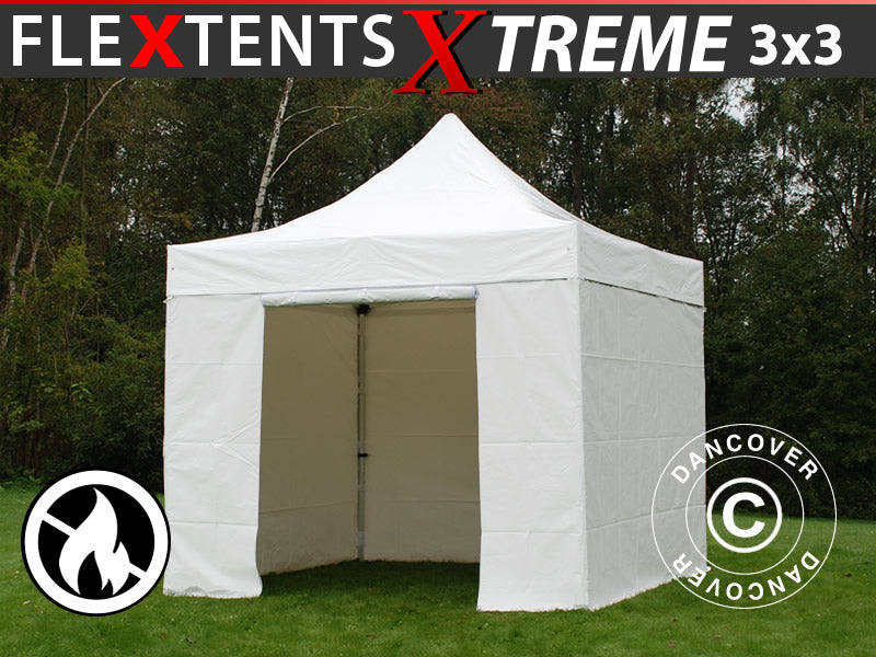 Snabbtält FleXtents Xtreme 50 Heavy Duty 3x3m, Vit inkl. 4 sidor, Flamhämmande