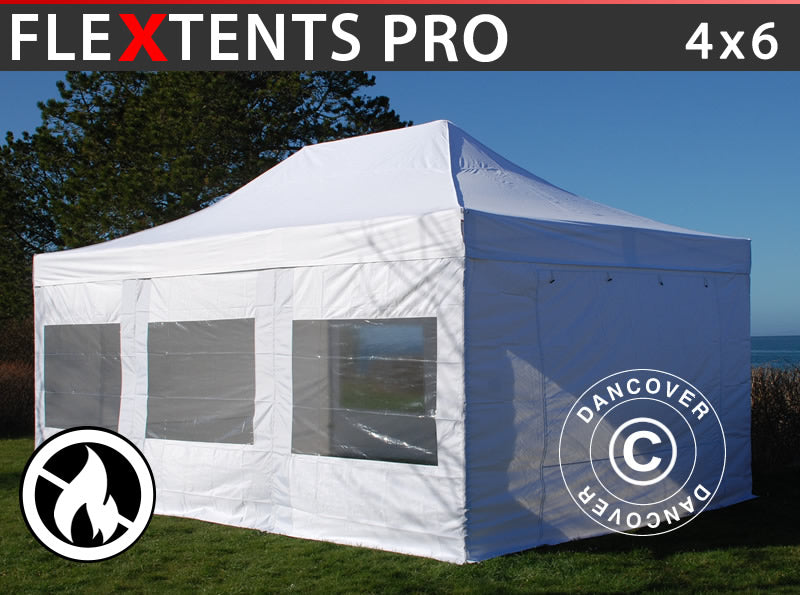 Snabbtält FleXtents PRO 4x6m Vit, Flamhämmande, inkl. 8 sidor
