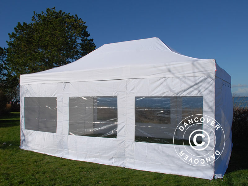 Besökartält FleXtents PRO 4x6m Vit, inkl. 8 sidoväggar och 1 transparent skiljevägg