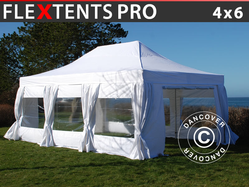 Snabbtält FleXtents PRO 4x6m Vit, inkl. 8 sider & dekorativa gardiner