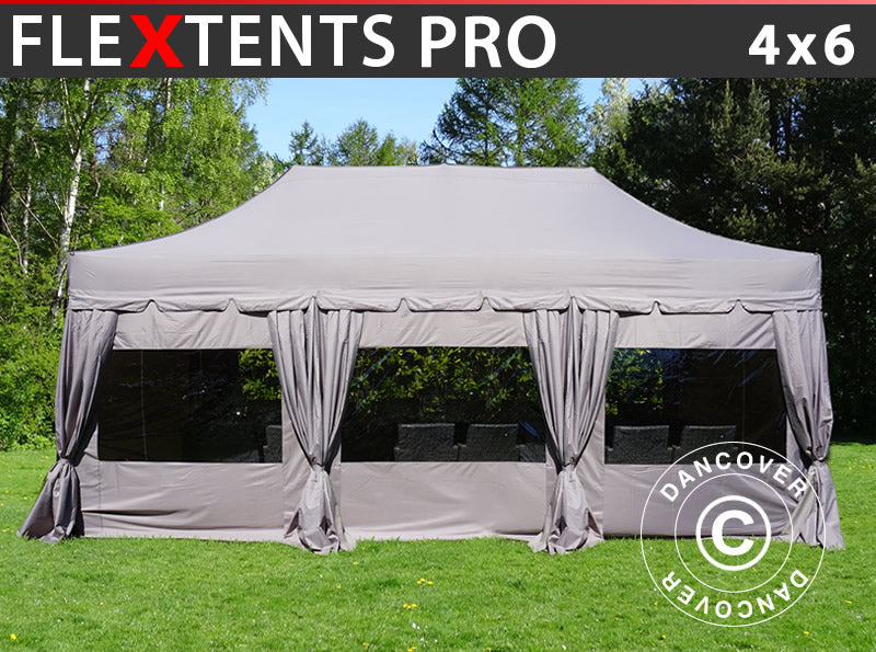 Snabbtält FleXtents PRO "Peaked" 4x6m Latte, inkl. 8 sider & dekorativa gardiner