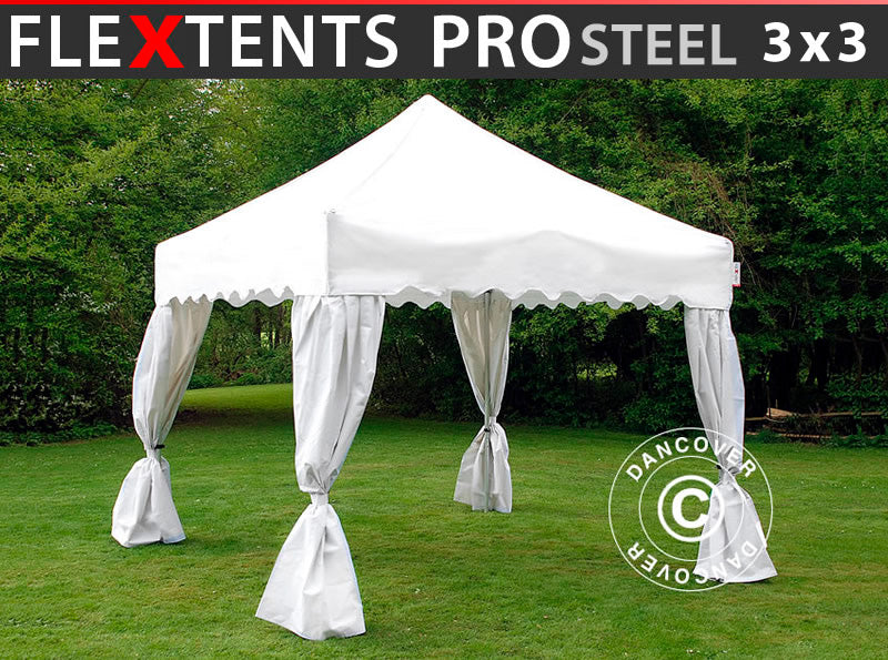 Snabbtält FleXtents PRO Steel "Wave" 3x3m Vit, inkl. 4 dekorativa gardiner