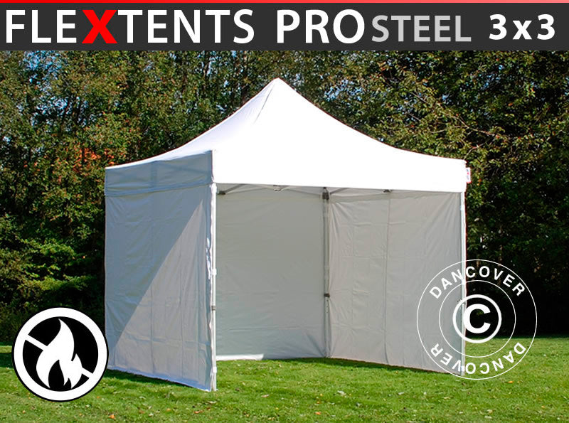 Snabbtält FleXtents PRO Steel 3x3m Vit, Flamhämmande, inkl. 4 sidor