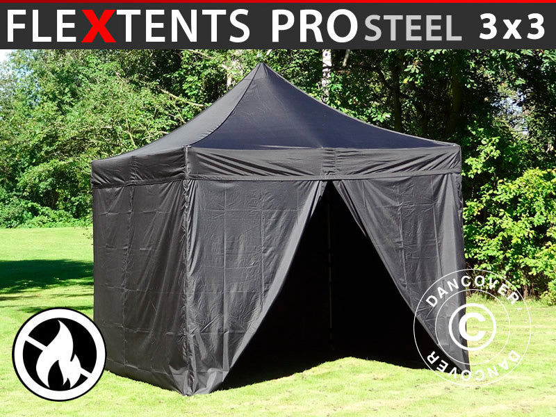 Snabbtält FleXtents PRO Steel 3x3m Svart, Flamhämmande, inkl. 4 sidor