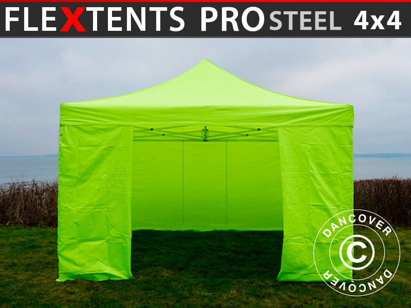 Snabbtält FleXtents PRO Steel 4x4m Neongul/grön, inkl. 4 sidor BARA 4 ST. KVAR