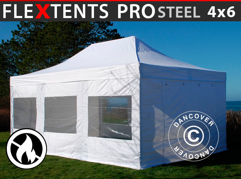 Snabbtält FleXtents PRO Steel 4x6m Vit, Flamhämmande, inkl. 8 sidor