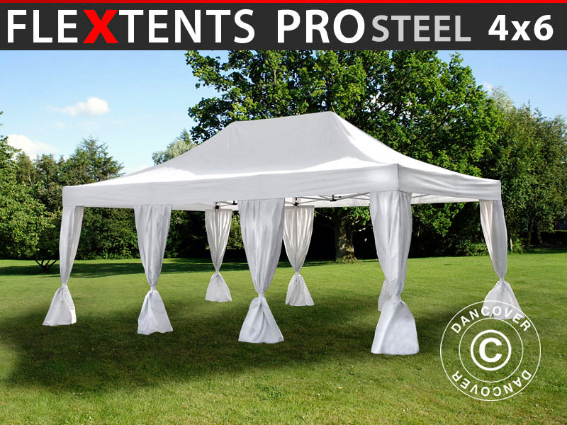 Snabbtält FleXtents PRO Steel 4x6m Vit, inkl. 8 dekorativa gardiner