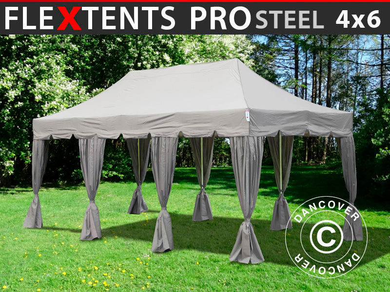 Snabbtält FleXtents PRO Steel "Peaked" 4x6m Latte, inkl. 8 dekorativa gardiner