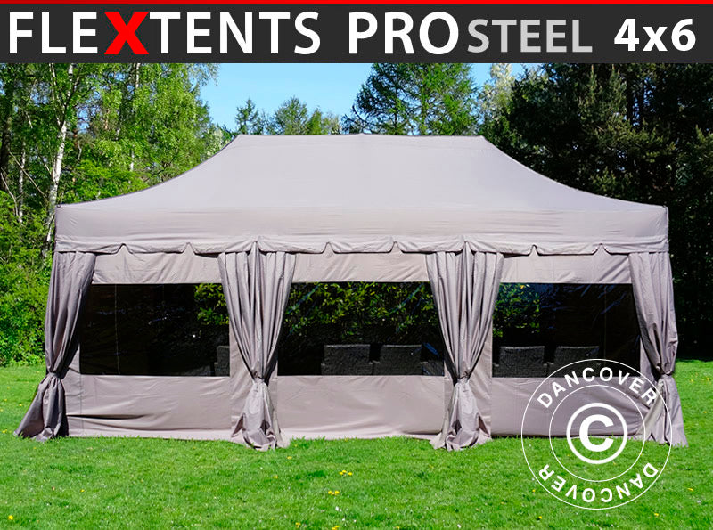 Snabbtält FleXtents PRO Steel "Peaked" 4x6m Latte, inkl. 8 sider & dekorativa gardiner