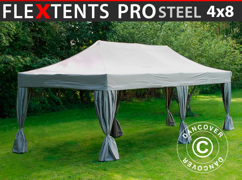 Snabbtält FleXtents PRO Steel 4x8m Latte, inkl. 6 dekorativa gardiner