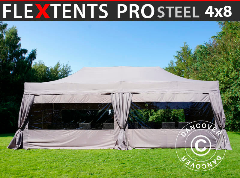 Snabbtält FleXtents PRO Steel 4x8m Latte, inkl. 6 sider & dekorativa gardiner