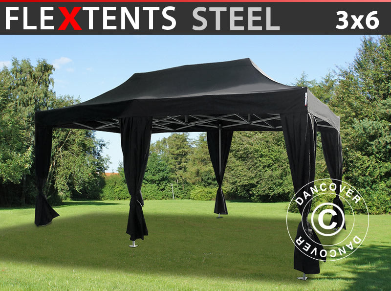 Snabbtält FleXtents Steel 3x6m Svart, inkl. 6 dekorativa gardiner