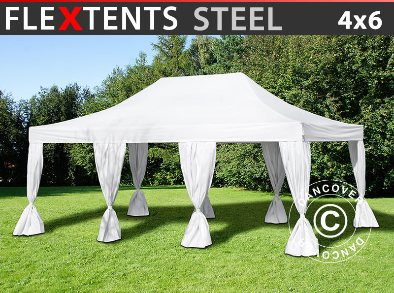 Snabbtält FleXtents Steel 4x6m Vit, inkl. 8 dekorativa gardiner