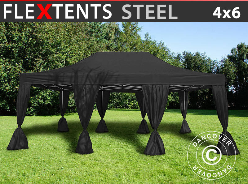 Snabbtält FleXtents Steel 4x6m Svart, inkl. 8 dekorativa gardiner