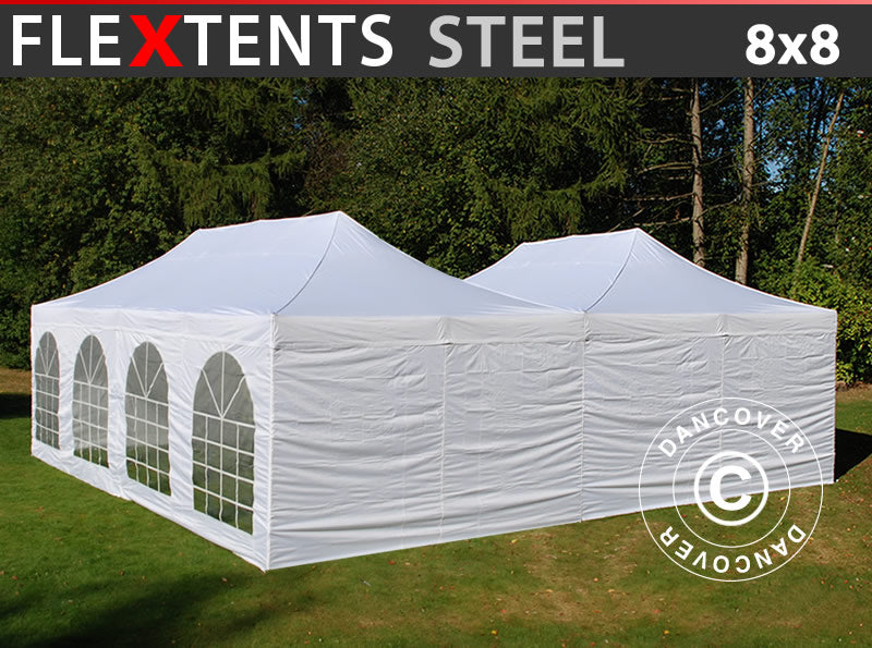 Snabbtält FleXtents Steel 8x8m Vit, inkl. 8 sidoväggar