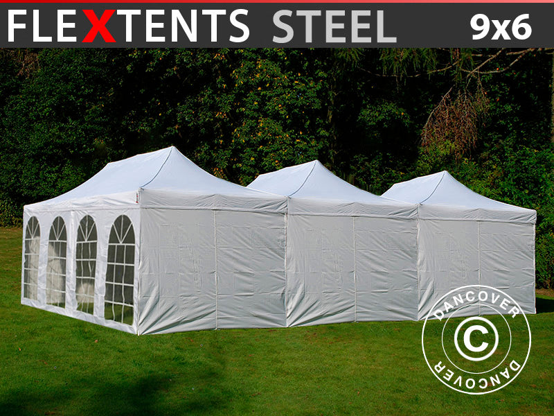Snabbtält FleXtents® Steel 9x6m Vit, inkl. 8 sidoväggar