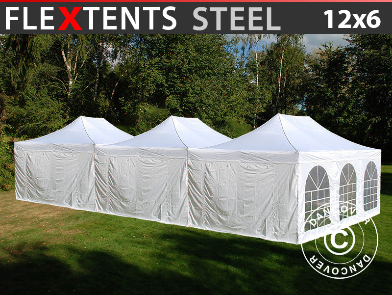 Snabbtält FleXtents® Steel 12x6m Vit, inkl. 8 sidoväggar