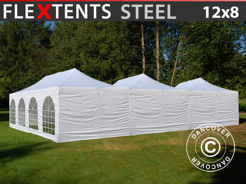 Snabbtält FleXtents® Steel 12x8m Vit, inkl. 8 sidoväggar