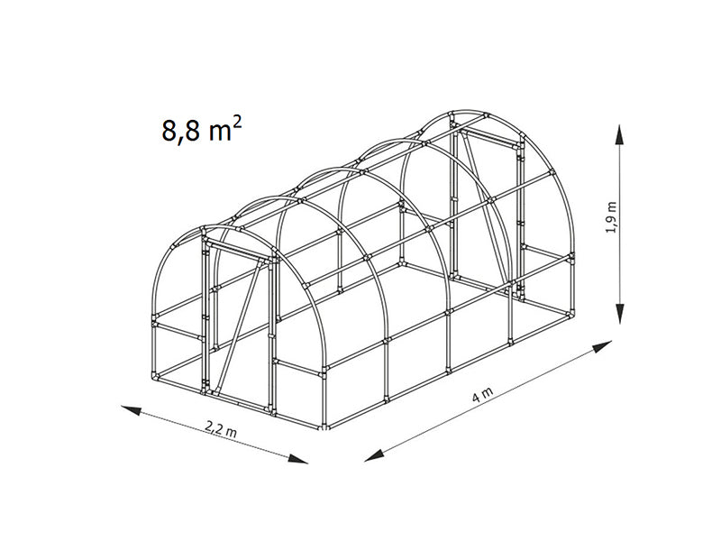 Tunnelväxthus 130, 2,2x4x1,9m, 8,8m², Transparent