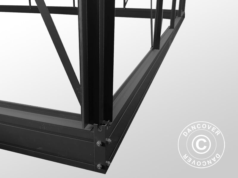 Orangeri, växthus i glas 8,9m², 3,01x2,99x2,95m med bas och takdekoration, Svart