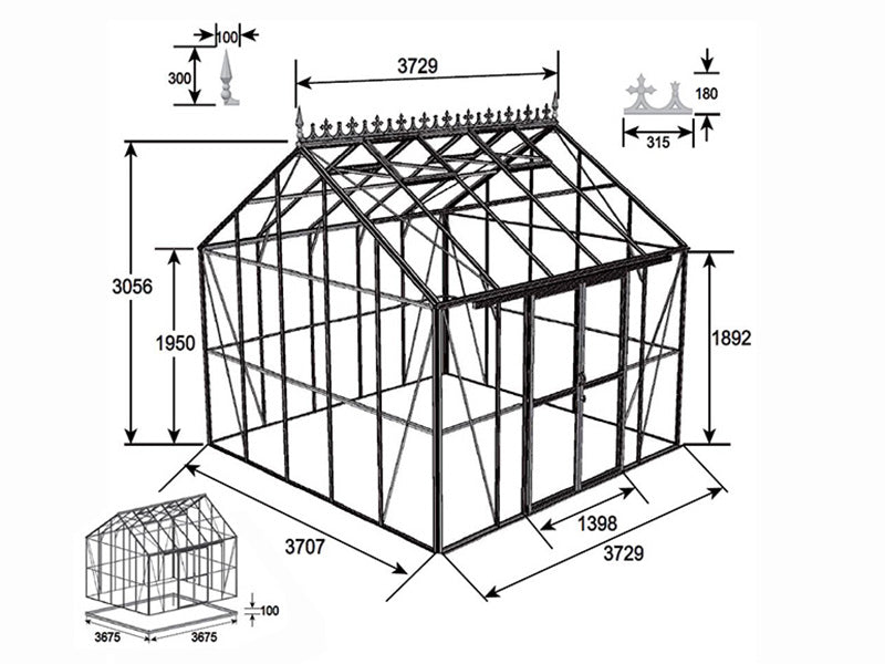 Orangeri, växthus i glas 13,8m², 3,73x3,71x3,16m m/botten och takdekoration, Svart