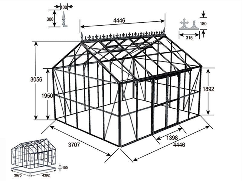 Orangeri, växthus i glas 16,5m², 4,45x3,71x3,16m m/Bas och takdekoration, Svart