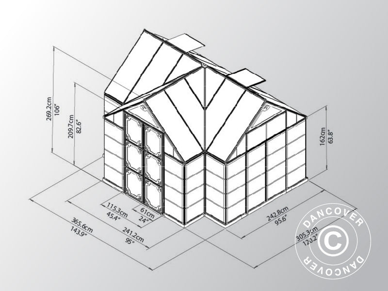 Orangeri polykarbonat VICTORY, 10,41m², Palram/Canopia, 3,66x3,05x2,69m, Grå