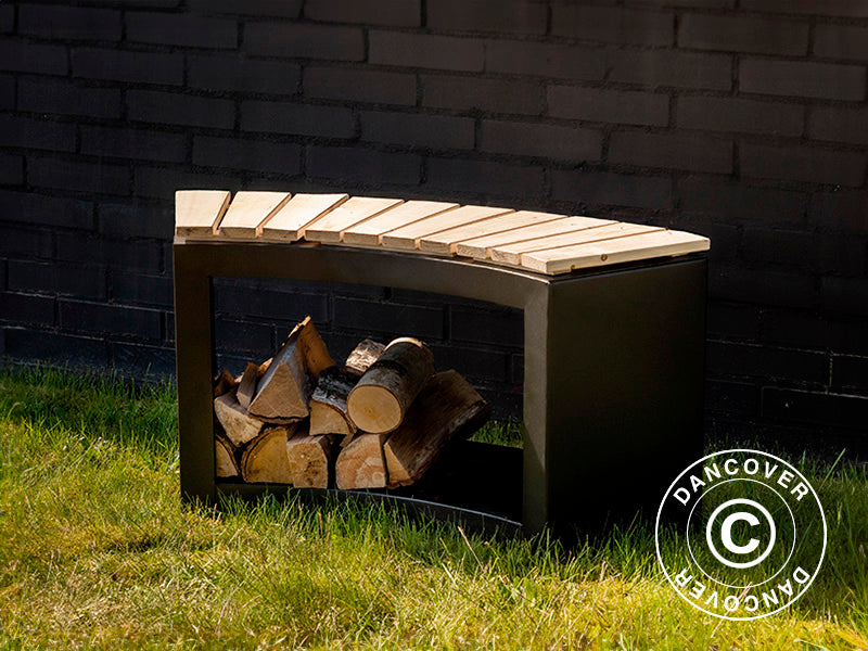 Böjd bänk med vedförvaring, 37,8x90,2x48cm, Svart/Trä