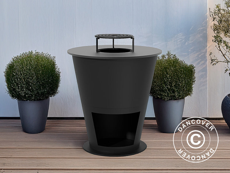 Eldstad med vedförvaring, Ø74,5x80cm, Svart