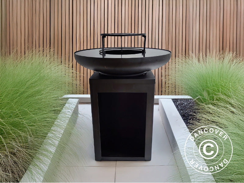 Eldstad med vedförvaring, Ø60x73cm, Svart