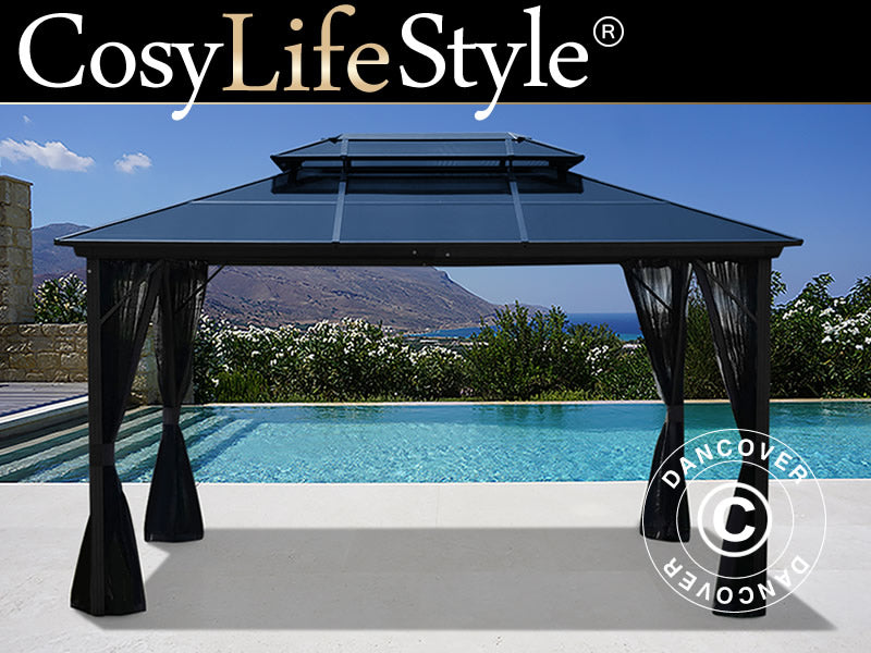 Paviljong Santa Ana med gardiner och myggnät, 3x4m, Svart