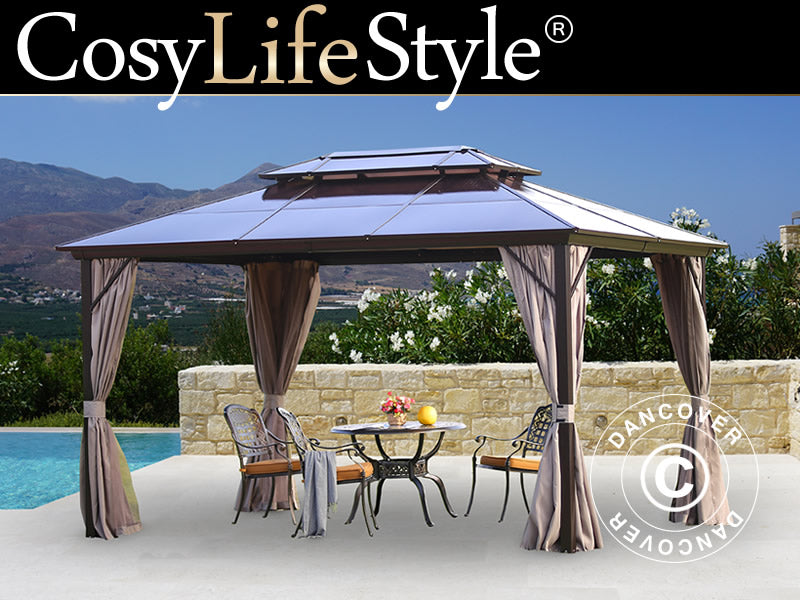 Paviljong Santa Ana med gardiner och myggnät, 3x4m, Brun