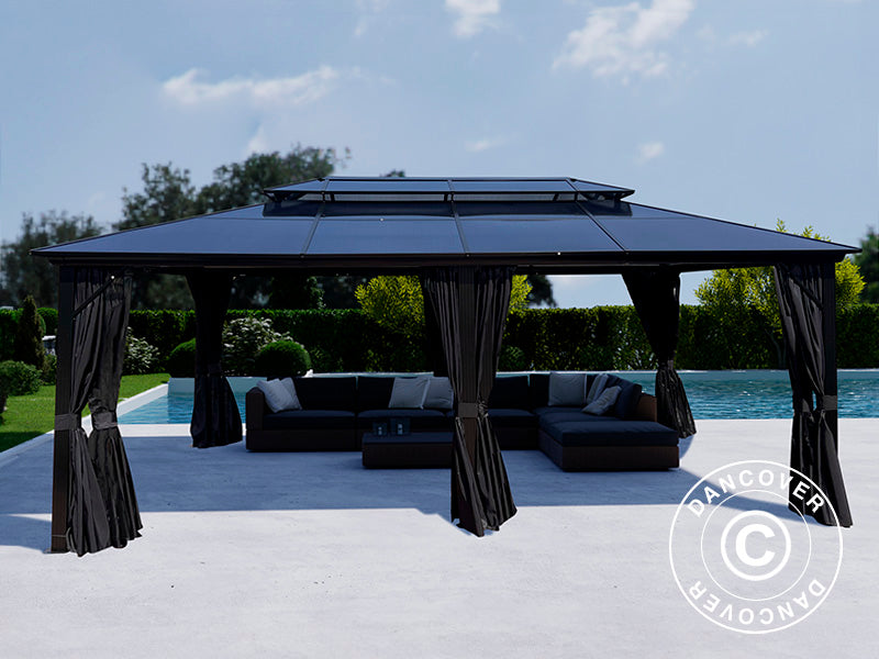 Paviljong Santa Ana med gardiner och myggnät, 3,65x6m, Svart