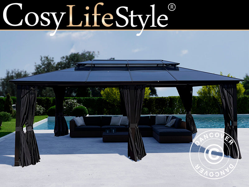 Paviljong Santa Ana med gardiner och myggnät, 3,65x6m, Svart