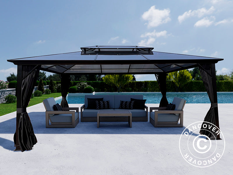 Paviljong Santa Ana med gardiner och myggnät, 3,65x4,85m, Svart