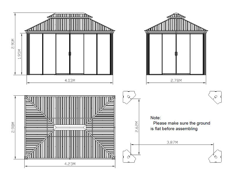 Paviljong Santa Fe med sidoväggar och skjutdörrar, 3x4,25m, Svart