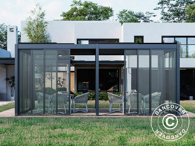 Bioklimatisk pergola paviljong San Pablo Alu+ m/skjutdörrar, 3x5,8m, Svart