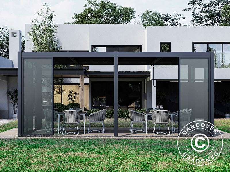 Bioklimatisk pergola paviljong San Pablo Alu+ m/skjutdörrar, 4x5,8m, Svart