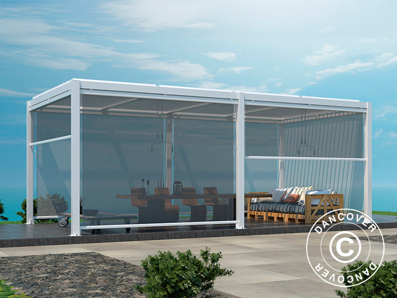Bioklimatisk pergola-paviljong San Pablo Alu+, 3x5,8m med 6 sidoväggar, Vit