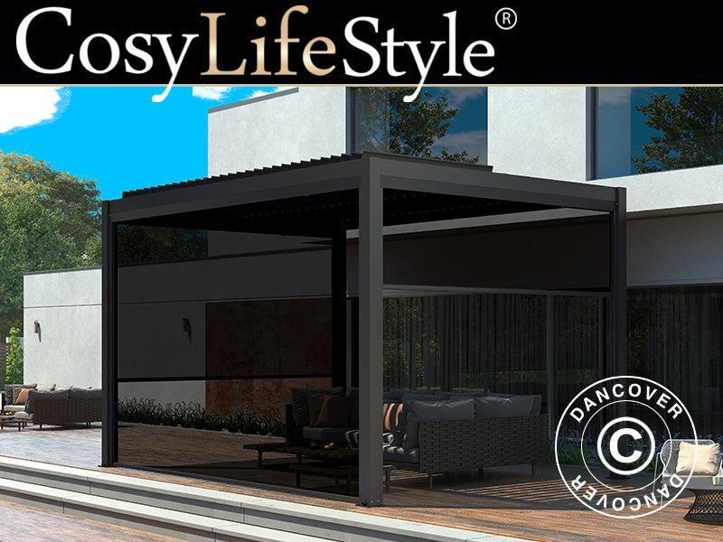 Bioklimatisk pergolapaviljong San Pablo Alu+, 4x4m, med 4 sidoväggar, Svart