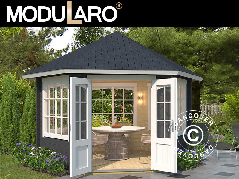 Paviljong i trä Alicante, hexagonal 3,5x3,03x3,07m, 44mm, Mörkgrå