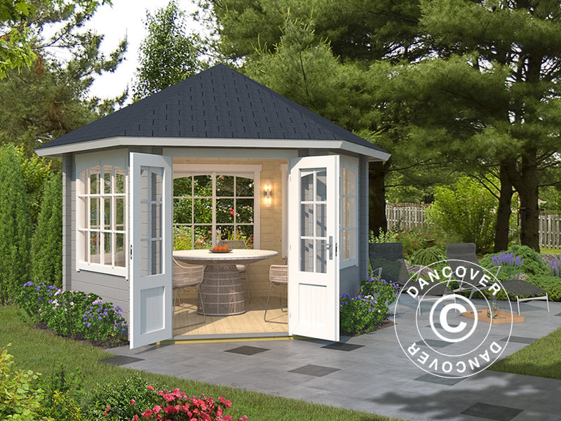 Paviljong i trä Alicante, hexagonal 3,5x3,03x3,07m, 44mm, Ljusgrå