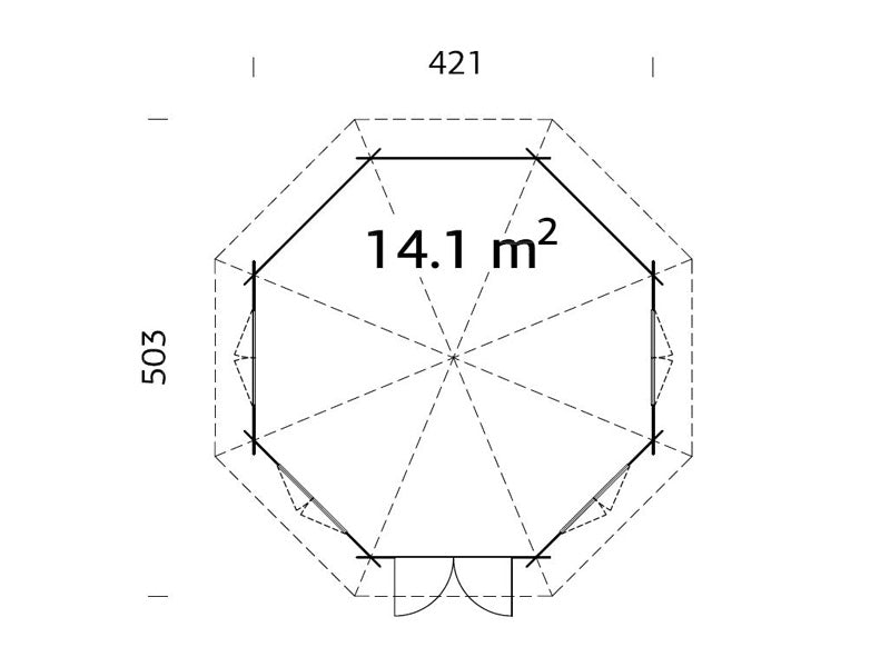 Paviljong i trä med golv, 4,21x4,21x3,71m, 14,1m², Naturlig