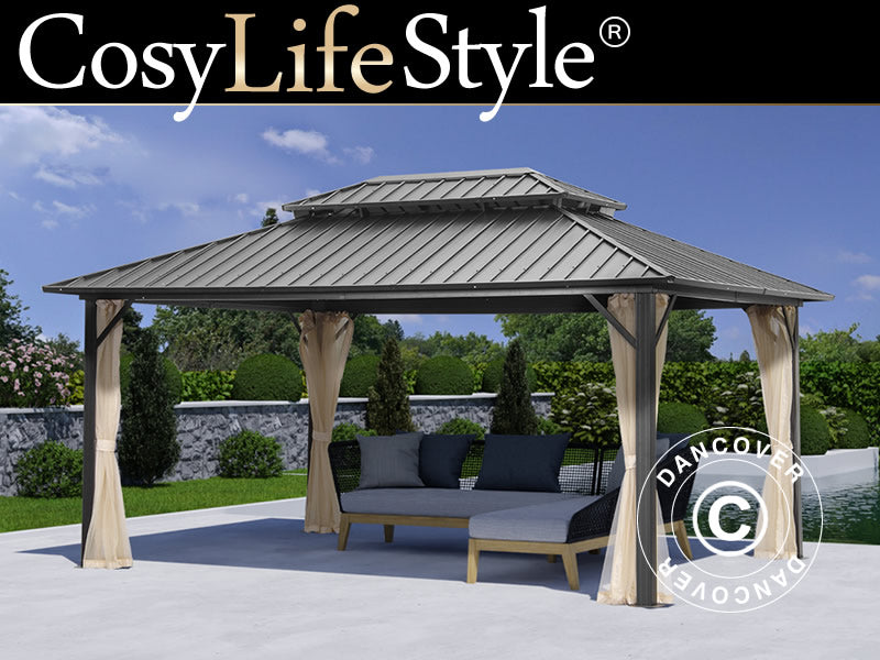 Paviljong San Francisco med gardiner och myggnät, 3,65x4,85m, Svart/Écru