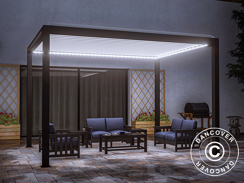 Bioklimatisk pergola paviljong Génova med LED-belysning, 4x3m, Antracit/Vit