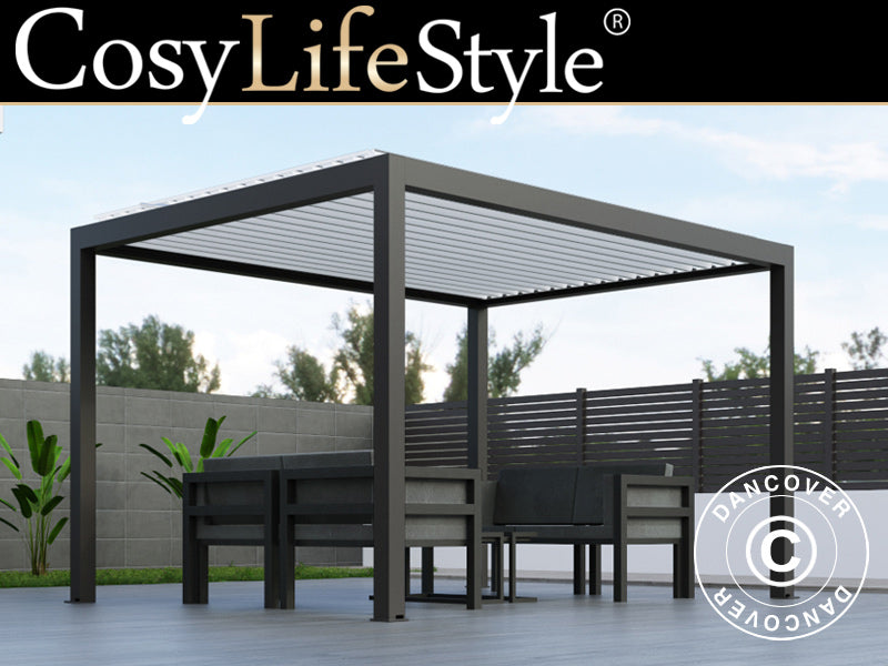 Bioklimatisk pergola paviljong Génova, 4x4m, Antracit/Vit