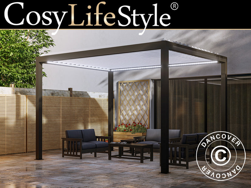 Bioklimatisk pergola paviljong Génova med LED-belysning, 4x4m, Antracit/Vit