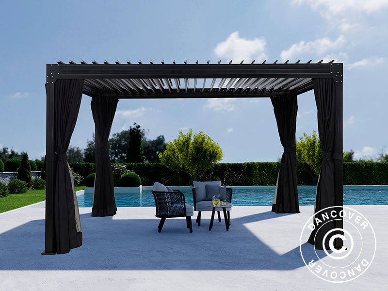 Bioklimatisk pergola paviljong Monterey, 3x4m, m/gardiner och myggnät, Svart